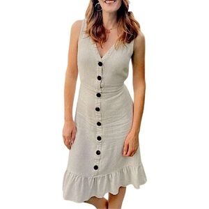 Linen Blend Button Front Midi Dress Cottage Core Ruffe Hem Neutral Summer Small